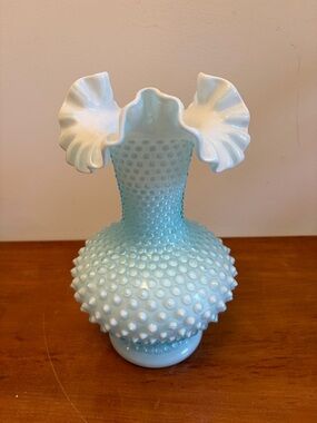 Fenton Hobnail Ruffled Top Milk Glass Vase - Pale Blue & White